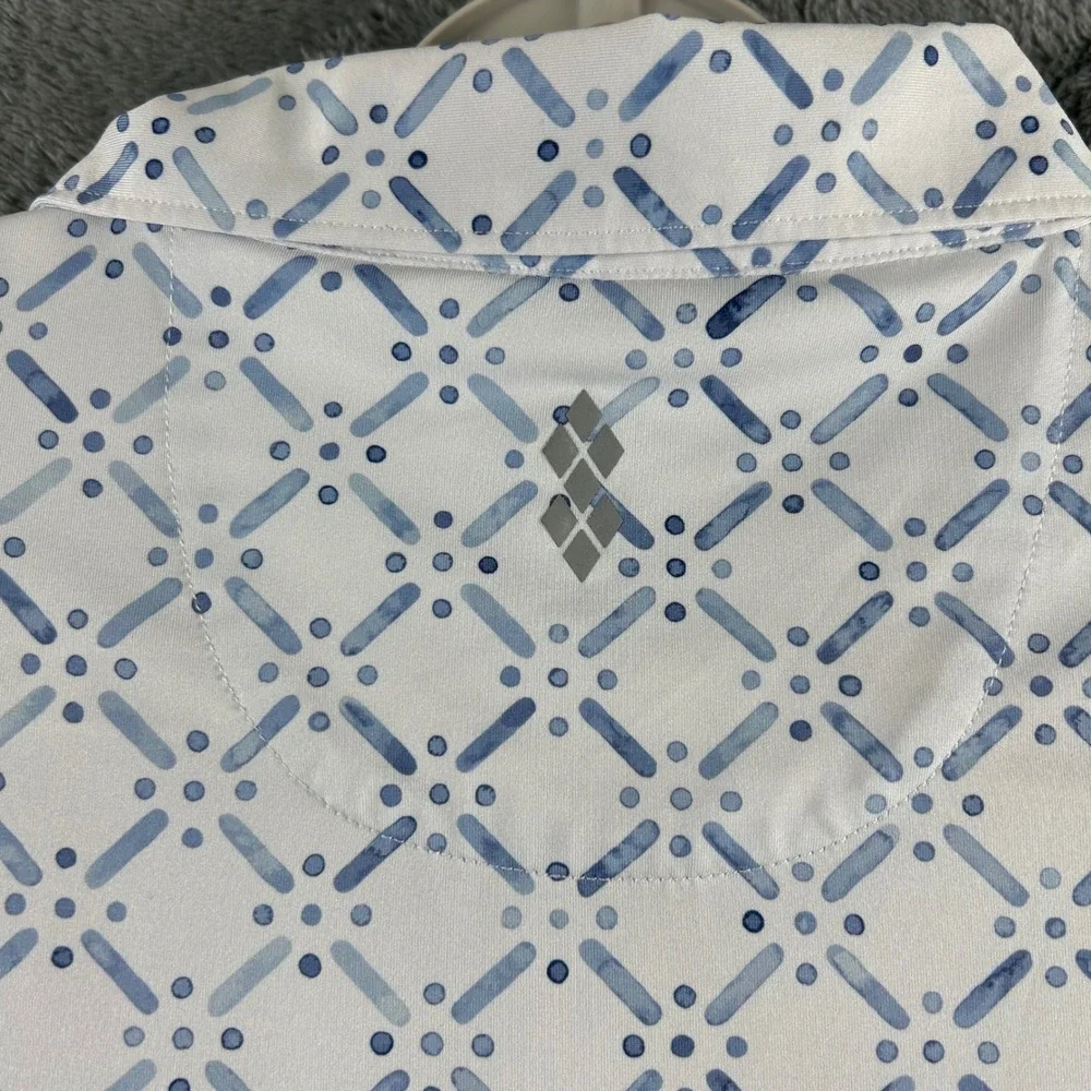 7 Diamonds Marbella Mens Large Blue White Geometric 4-Way Stretch Golf Polo - Picture 7 of 9